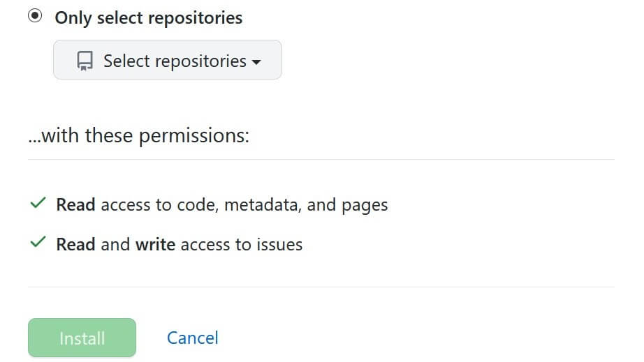 Screenshot of selecting repositories to install GitHub App